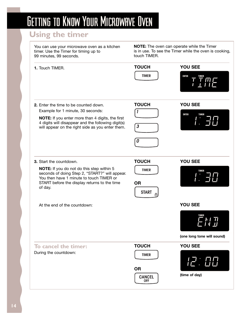 Using the timer, Getting to know your microwave oven | KITCHENAID KHMS145J User Manual | Page 14 / 37