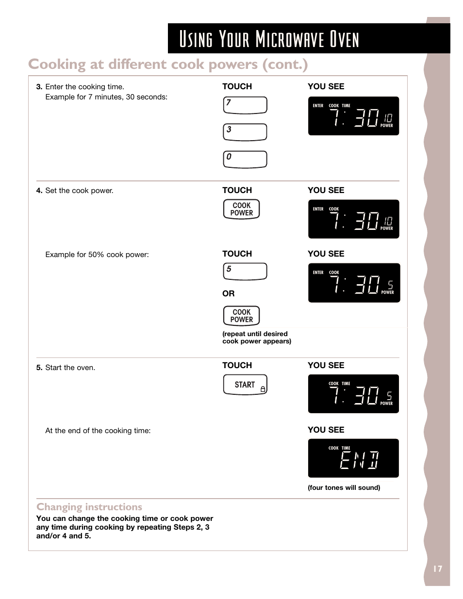 Using your microwave oven, Cooking at different cook powers (cont.), Changing instructions | KITCHENAID KHMS145J User Manual | Page 17 / 37