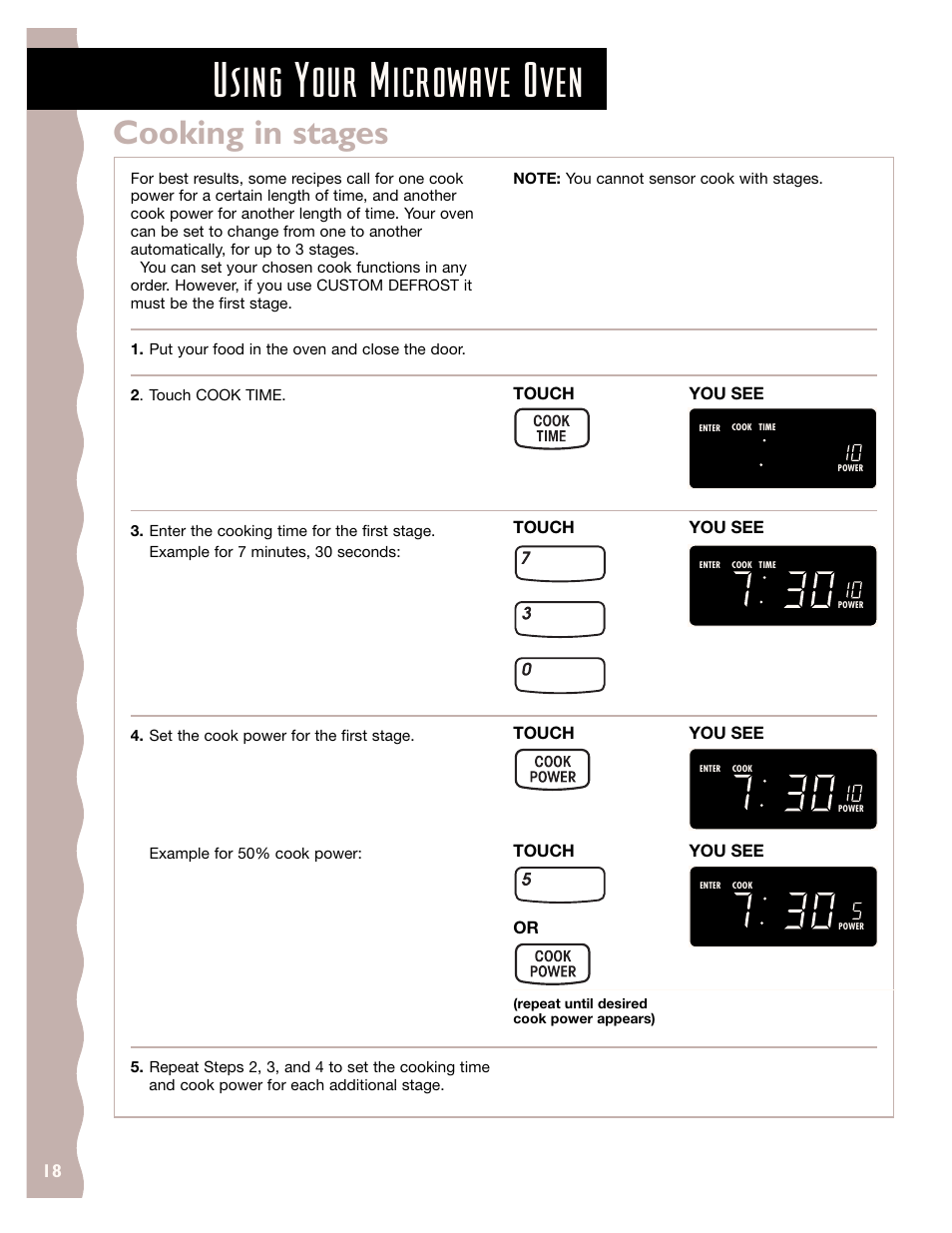 Cooking in stages, Using your microwave oven | KITCHENAID KHMS145J User Manual | Page 18 / 37