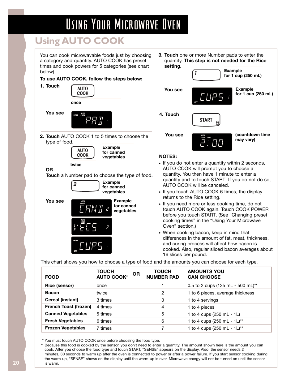 Using auto cook, Using your microwave oven, Touch number pad | Food, Amounts you can choose, Touch auto cook, Once, Example for 1 cup (250 ml) | KITCHENAID KHMS145J User Manual | Page 20 / 37