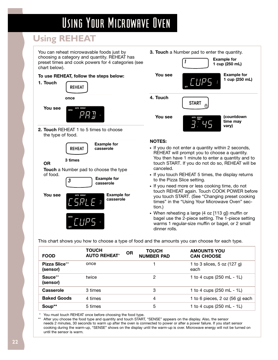 Using reheat, Using your microwave oven, Once | Example for casserole, 3 times, Example for 1 cup (250 ml), Countdown time may vary) | KITCHENAID KHMS145J User Manual | Page 22 / 37