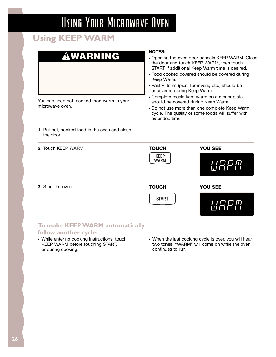 Using keep warm, Using your microwave oven, Warning | KITCHENAID KHMS145J User Manual | Page 26 / 37