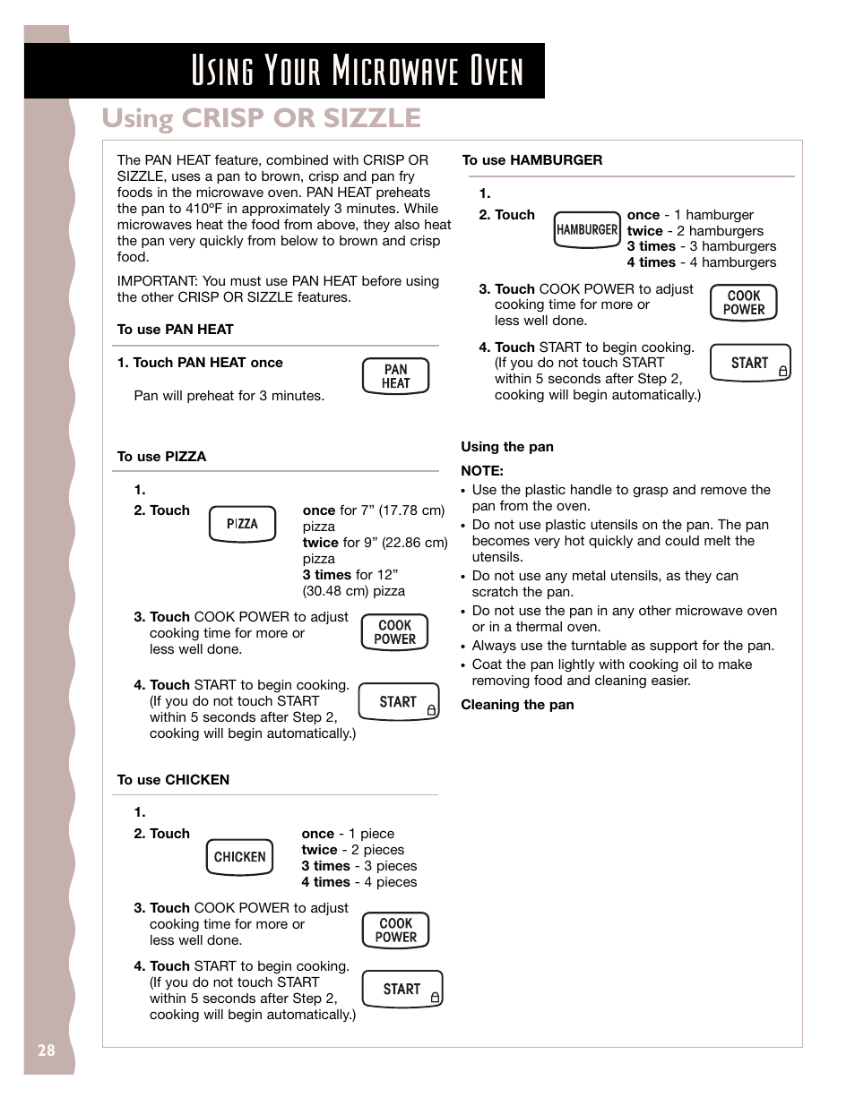 Using crisp or sizzle, Using your microwave oven | KITCHENAID KHMS145J User Manual | Page 28 / 37