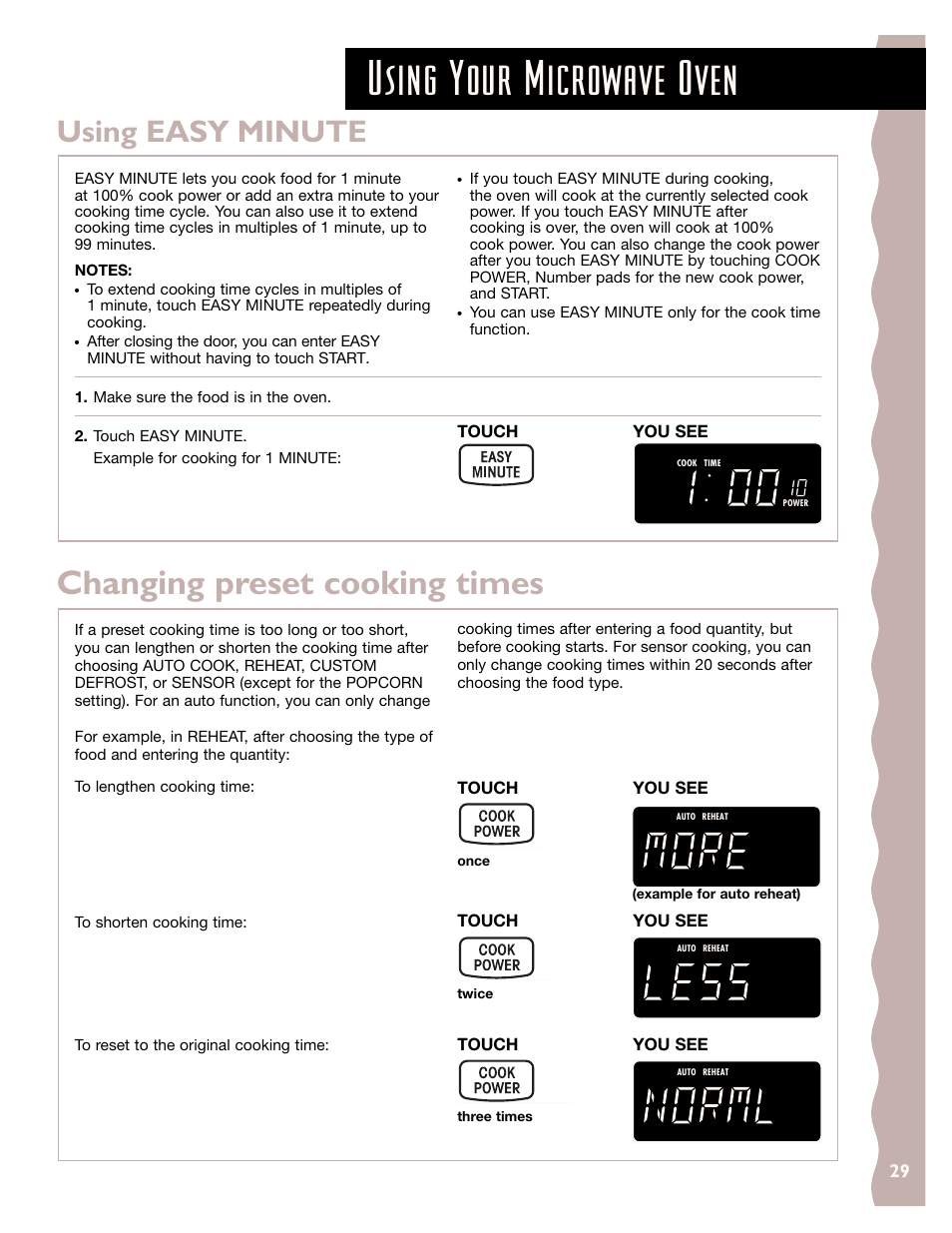 Using easy minute, Changing preset cooking times, Using your microwave oven | KITCHENAID KHMS145J User Manual | Page 29 / 37