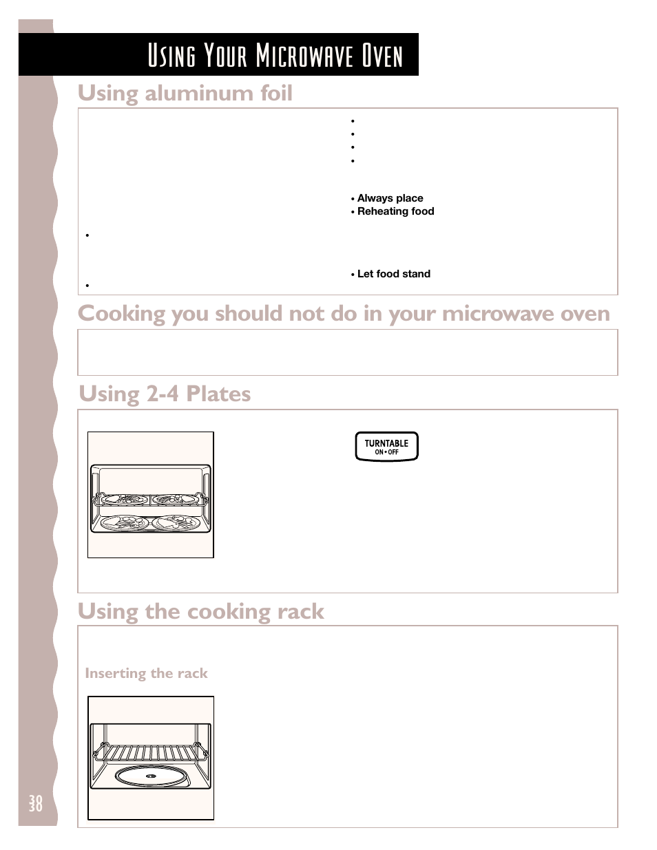Using aluminum foil, Cooking you should not do in your microwave oven, Using 2-4 plates | Using the cooking rack, Using your microwave oven, Inserting the rack | KITCHENAID KHMS145J User Manual | Page 30 / 37