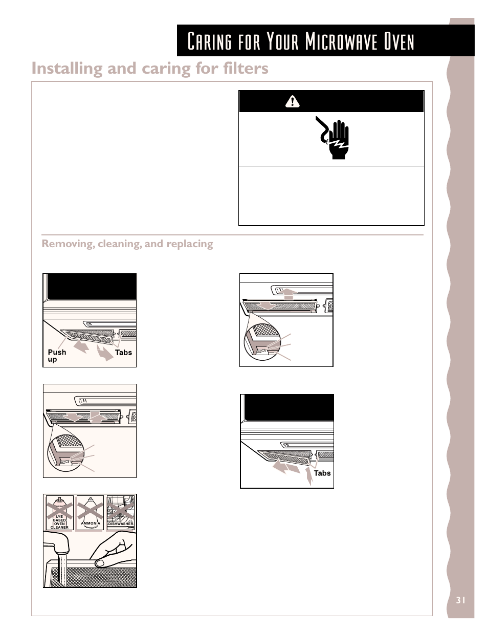 Caring for your microwave oven, Installing and caring for filters, Warning | Removing, cleaning, and replacing | KITCHENAID KHMS145J User Manual | Page 31 / 37