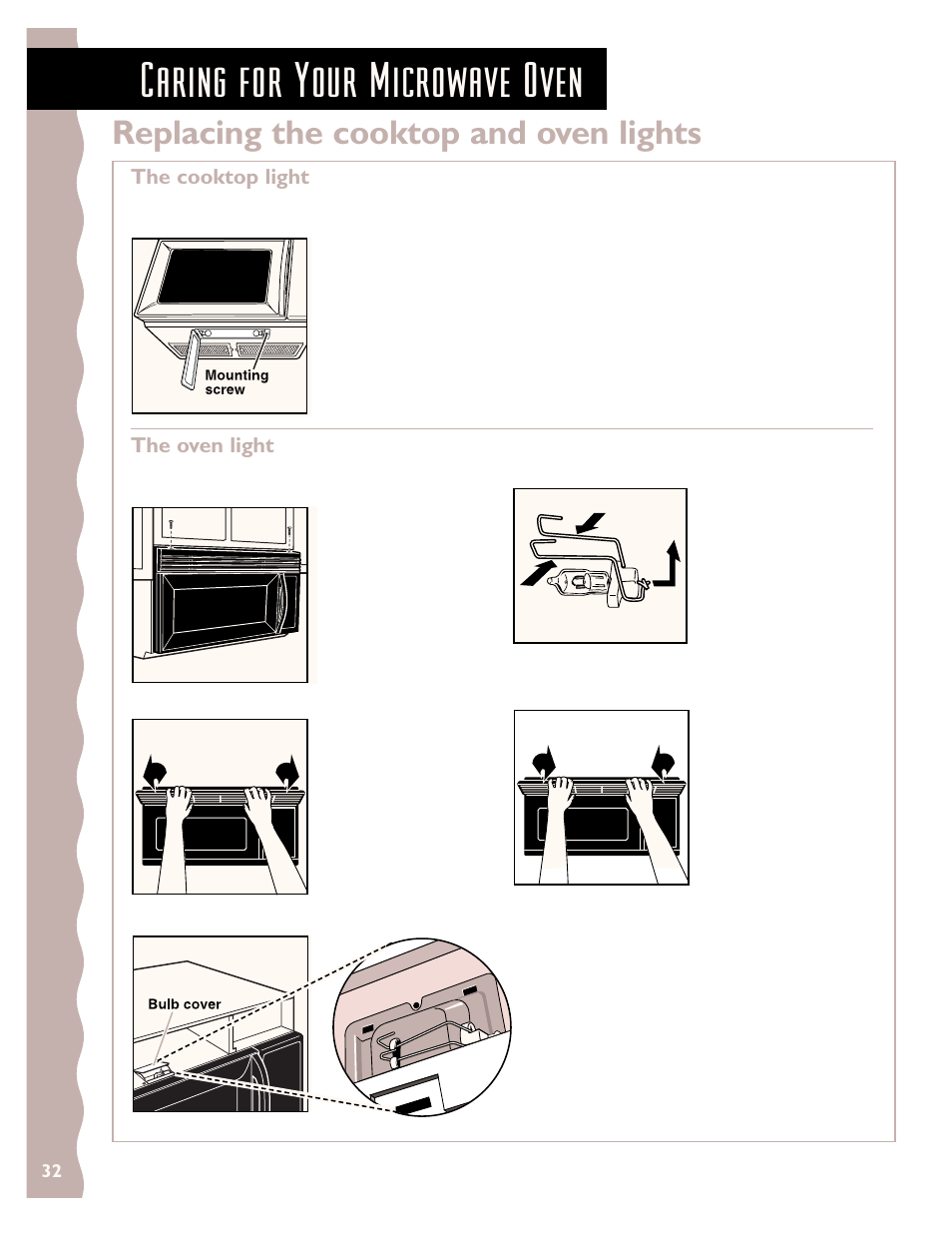 Caring for your microwave oven, Replacing the cooktop and oven lights | KITCHENAID KHMS145J User Manual | Page 32 / 37