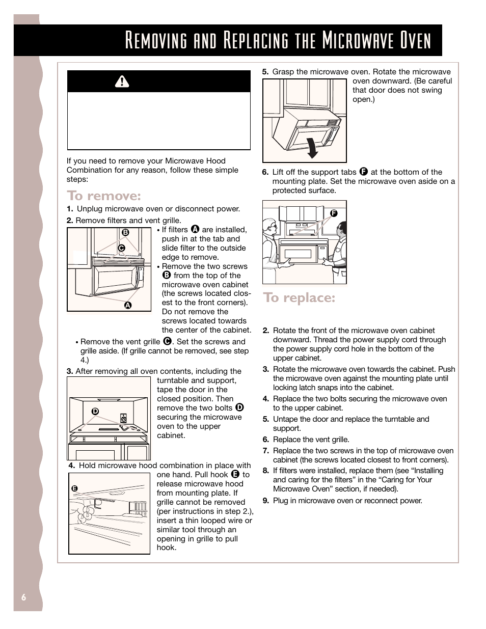 Removing and replacing your microwave oven, Removing and replacing the microwave oven, Warning | KITCHENAID KHMS145J User Manual | Page 6 / 37