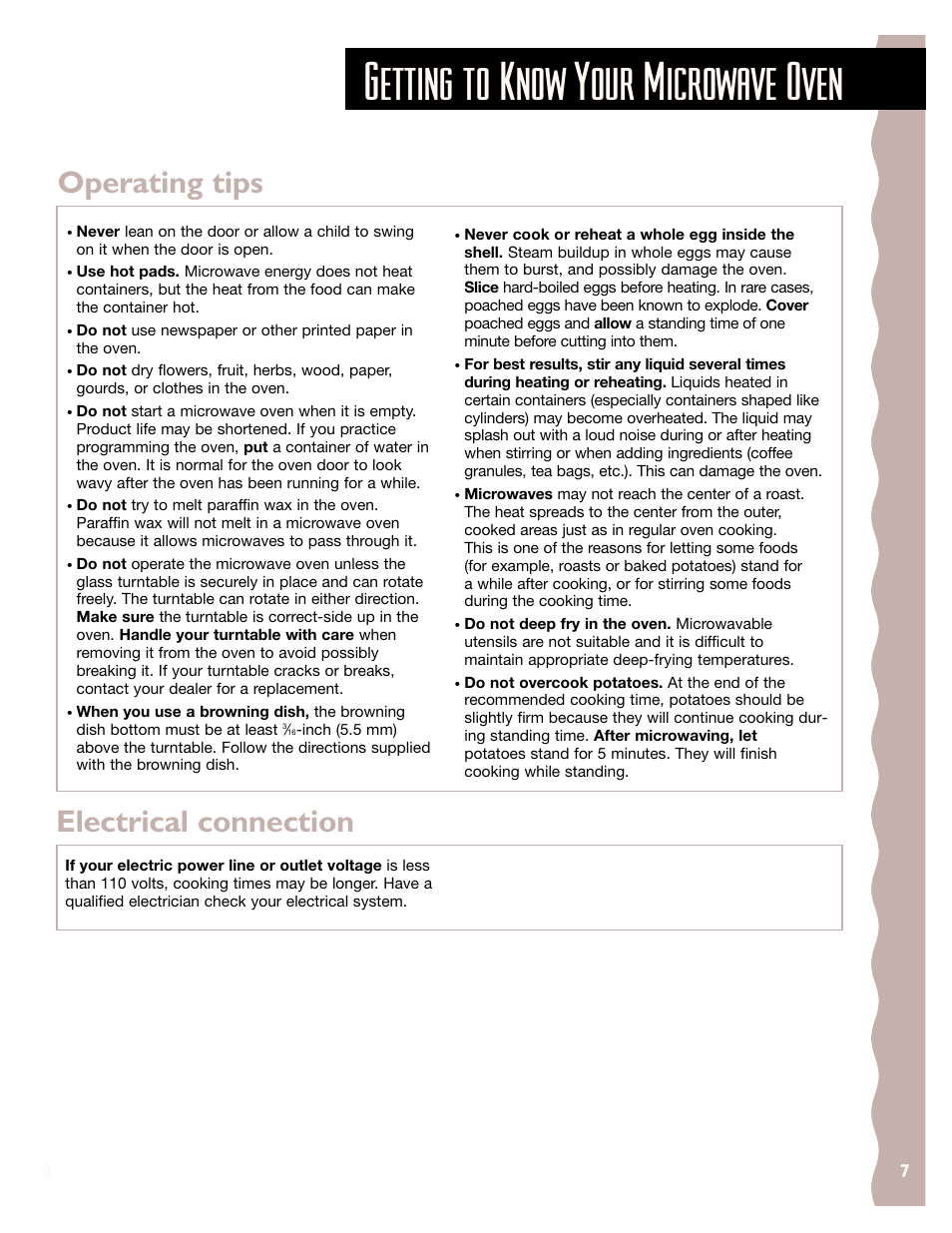 Getting to know your microwave oven, Operating tips, Electrical connection | KITCHENAID KHMS145J User Manual | Page 7 / 37