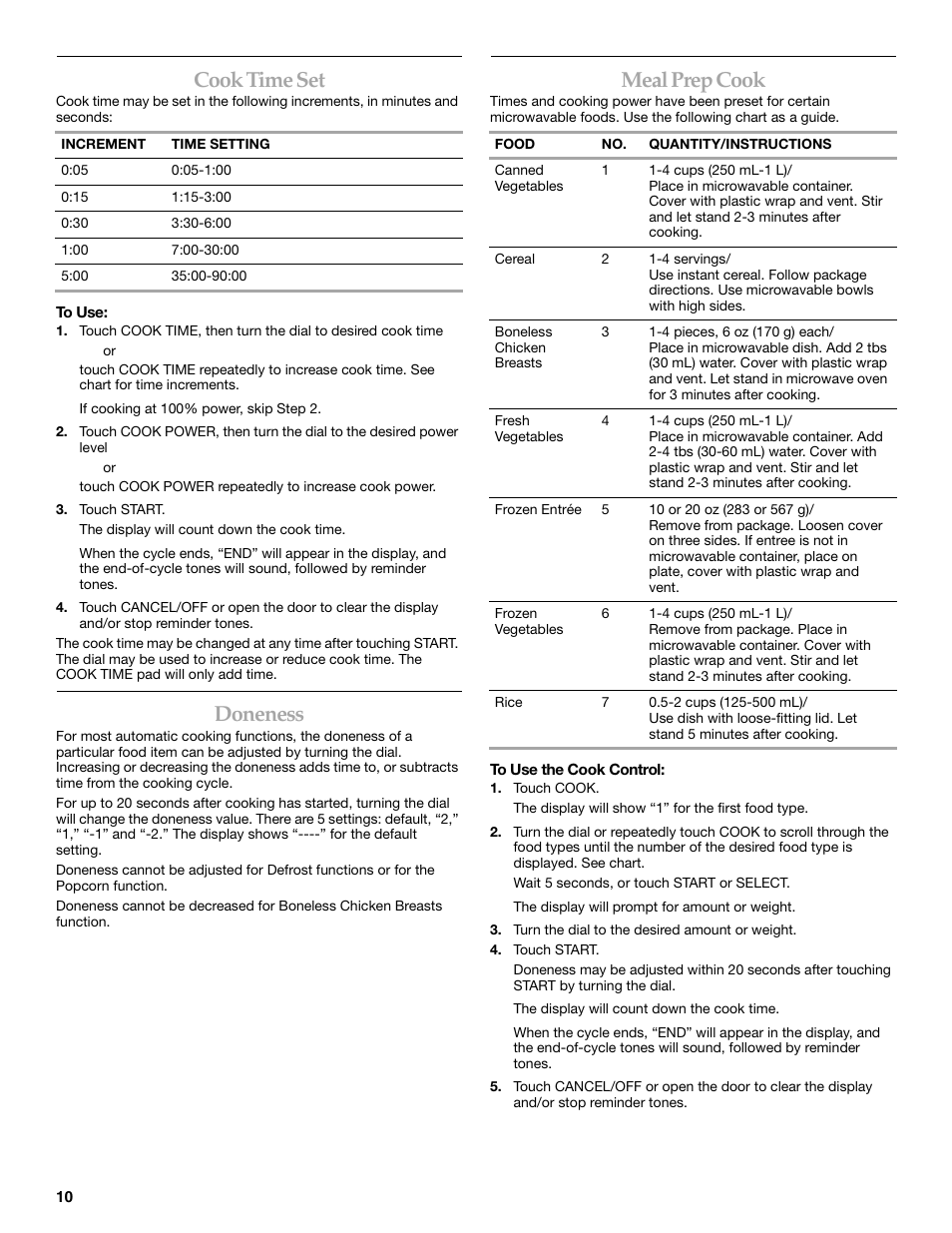 Cook time set, Doneness, Meal prep cook | KITCHENAID KBMS1454R User Manual | Page 10 / 16