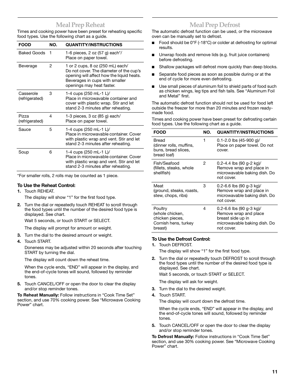 Meal prep reheat, Meal prep defrost | KITCHENAID KBMS1454R User Manual | Page 11 / 16