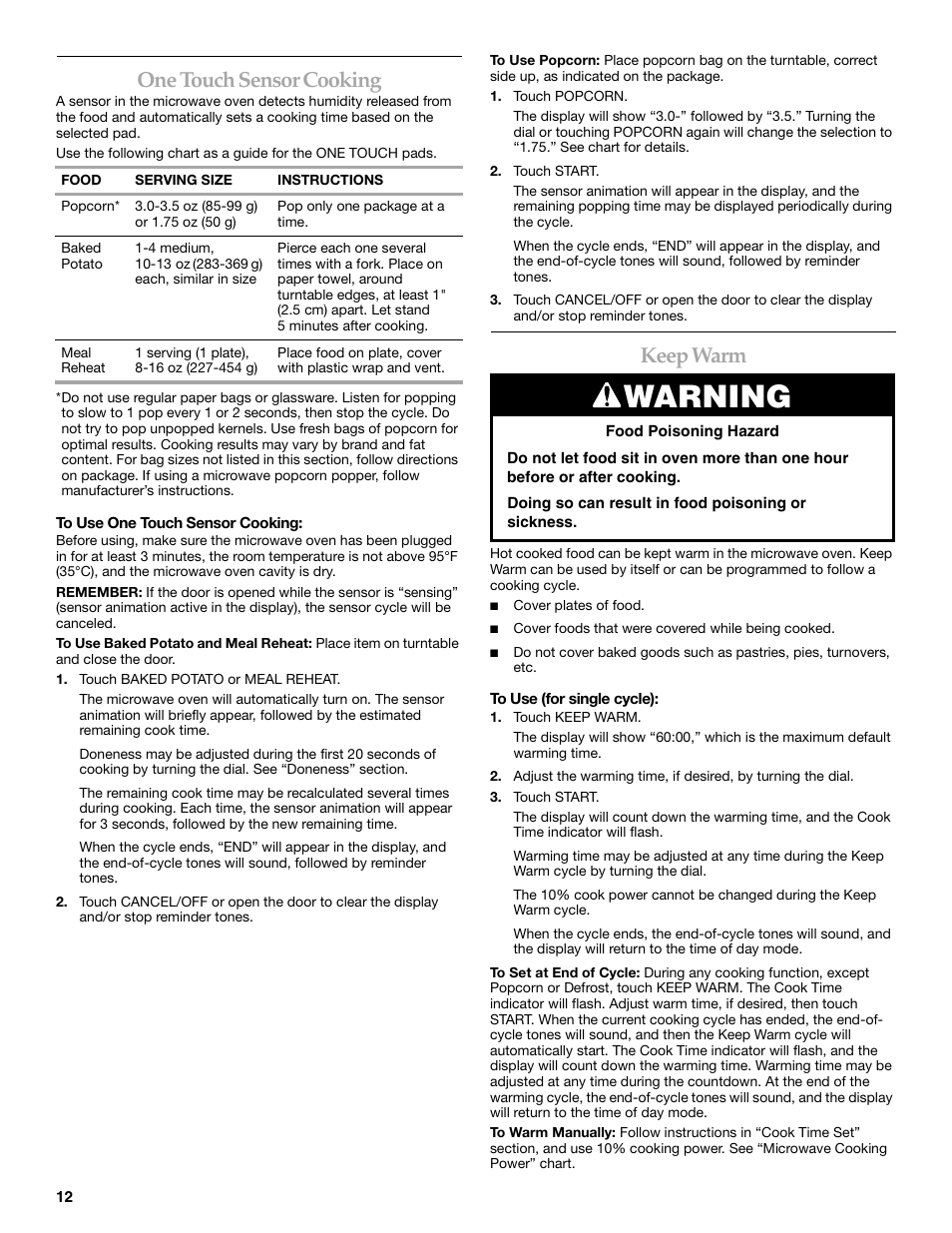 Warning, One touch sensor cooking, Keep warm | KITCHENAID KBMS1454R User Manual | Page 12 / 16