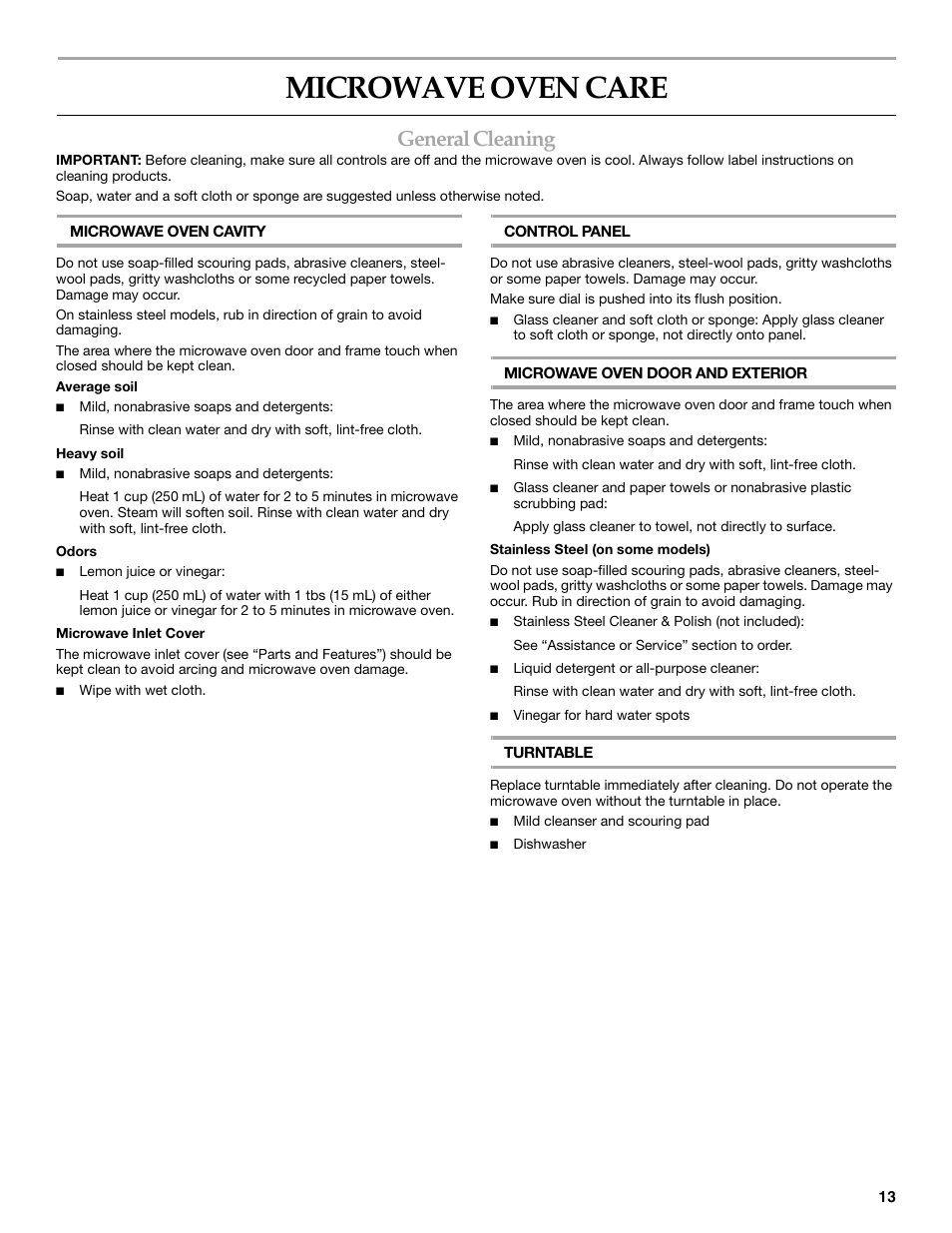 Microwave oven care, General cleaning | KITCHENAID KBMS1454R User Manual | Page 13 / 16