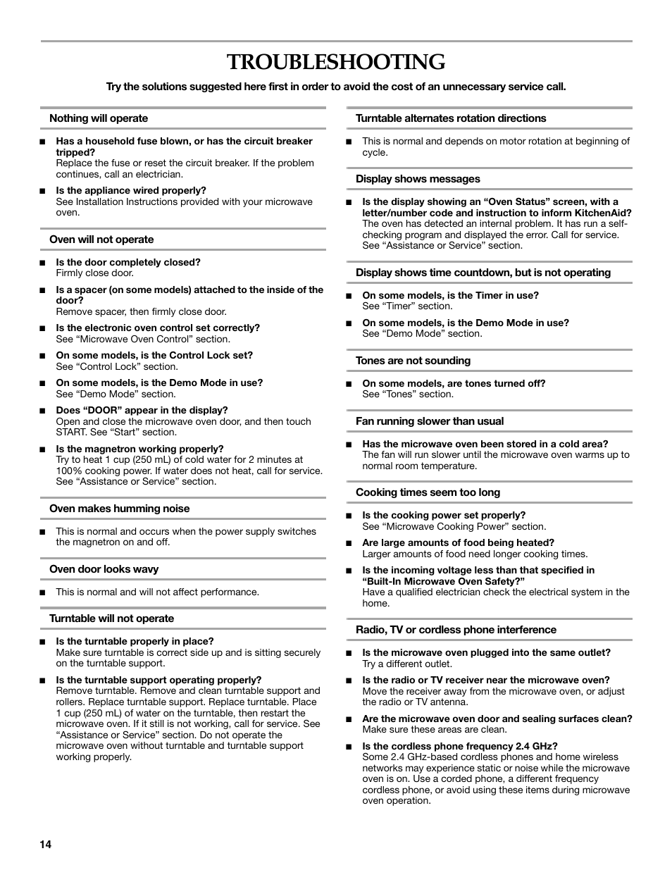 Troubleshooting | KITCHENAID KBMS1454R User Manual | Page 14 / 16