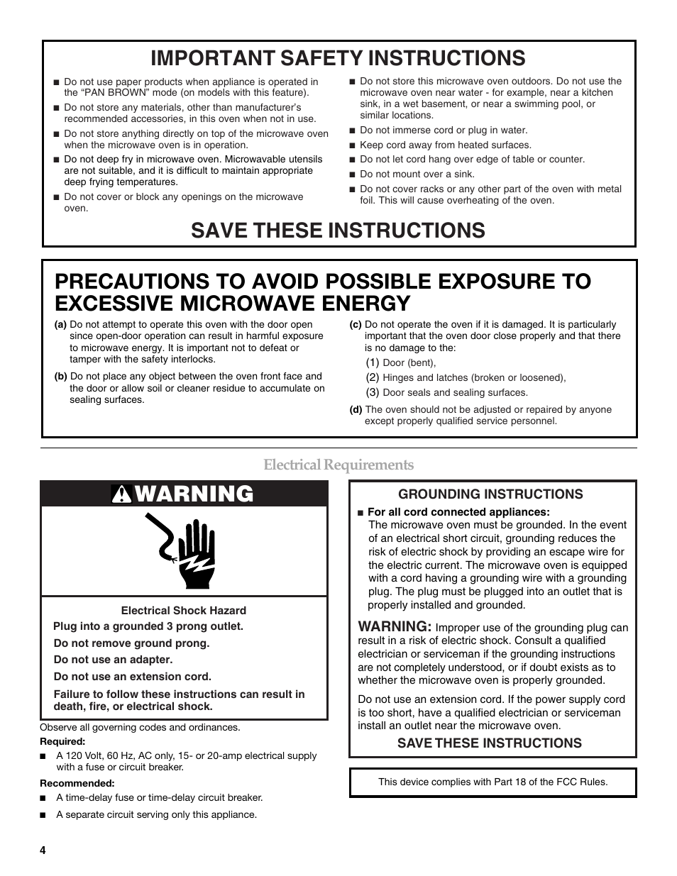 Warning, Electrical requirements | KITCHENAID KBMS1454R User Manual | Page 4 / 16