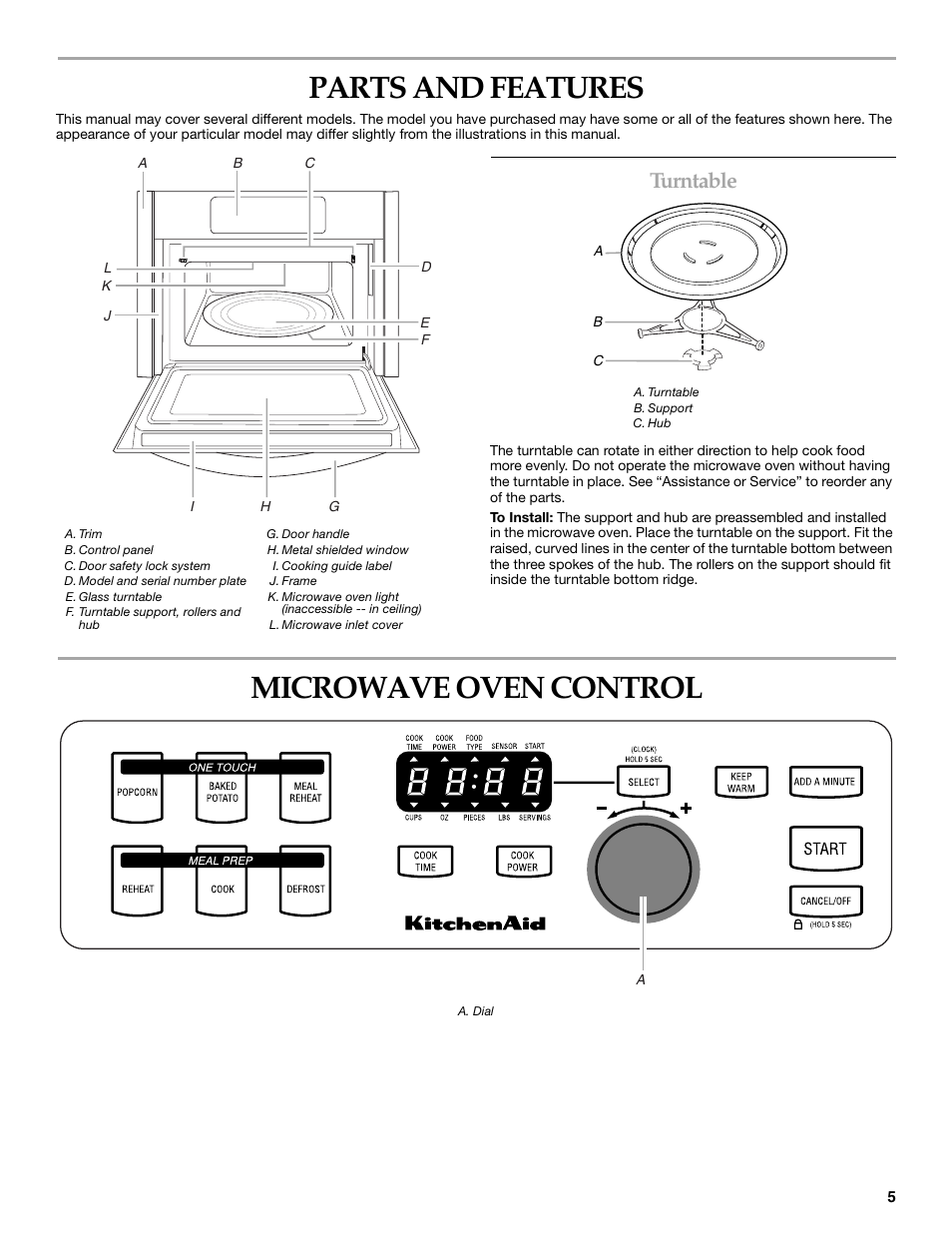 Parts and features, Microwave oven control, Turntable | KITCHENAID KBMS1454R User Manual | Page 5 / 16