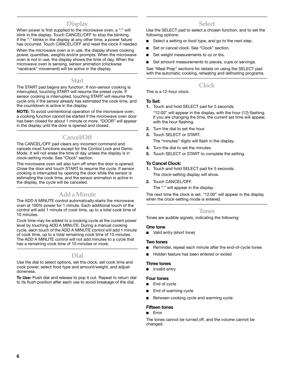 Display, Start, Cancel/off | Add a minute, Dial, Select, Clock, Tones | KITCHENAID KBMS1454R User Manual | Page 6 / 16