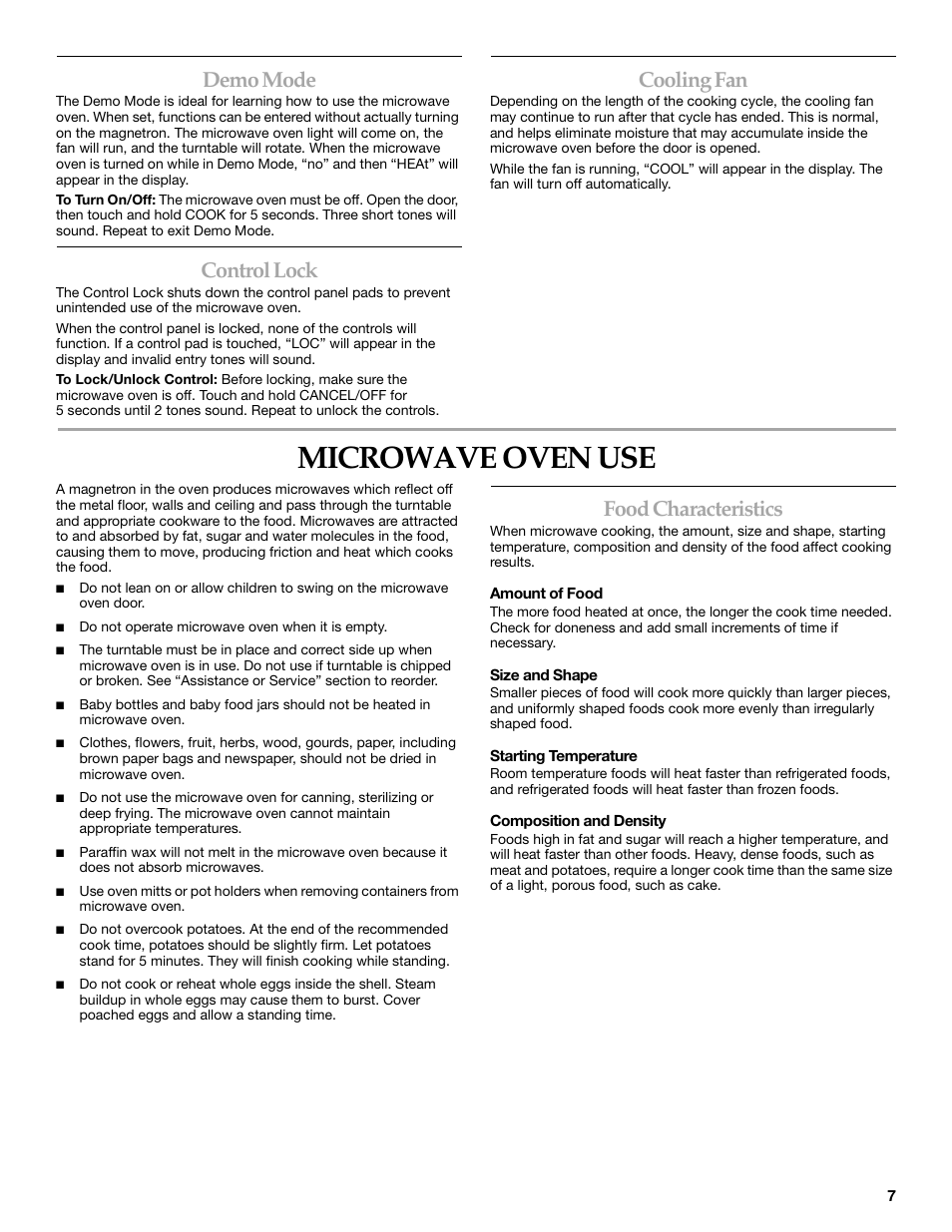 Microwave oven use, Demo mode, Control lock | Cooling fan, Food characteristics | KITCHENAID KBMS1454R User Manual | Page 7 / 16