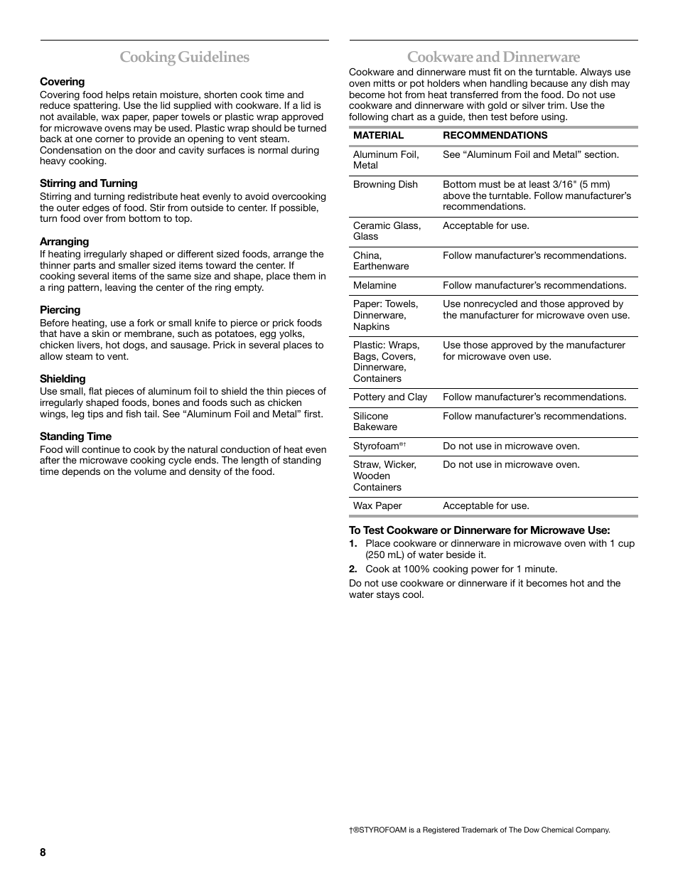 Cooking guidelines, Cookware and dinnerware | KITCHENAID KBMS1454R User Manual | Page 8 / 16