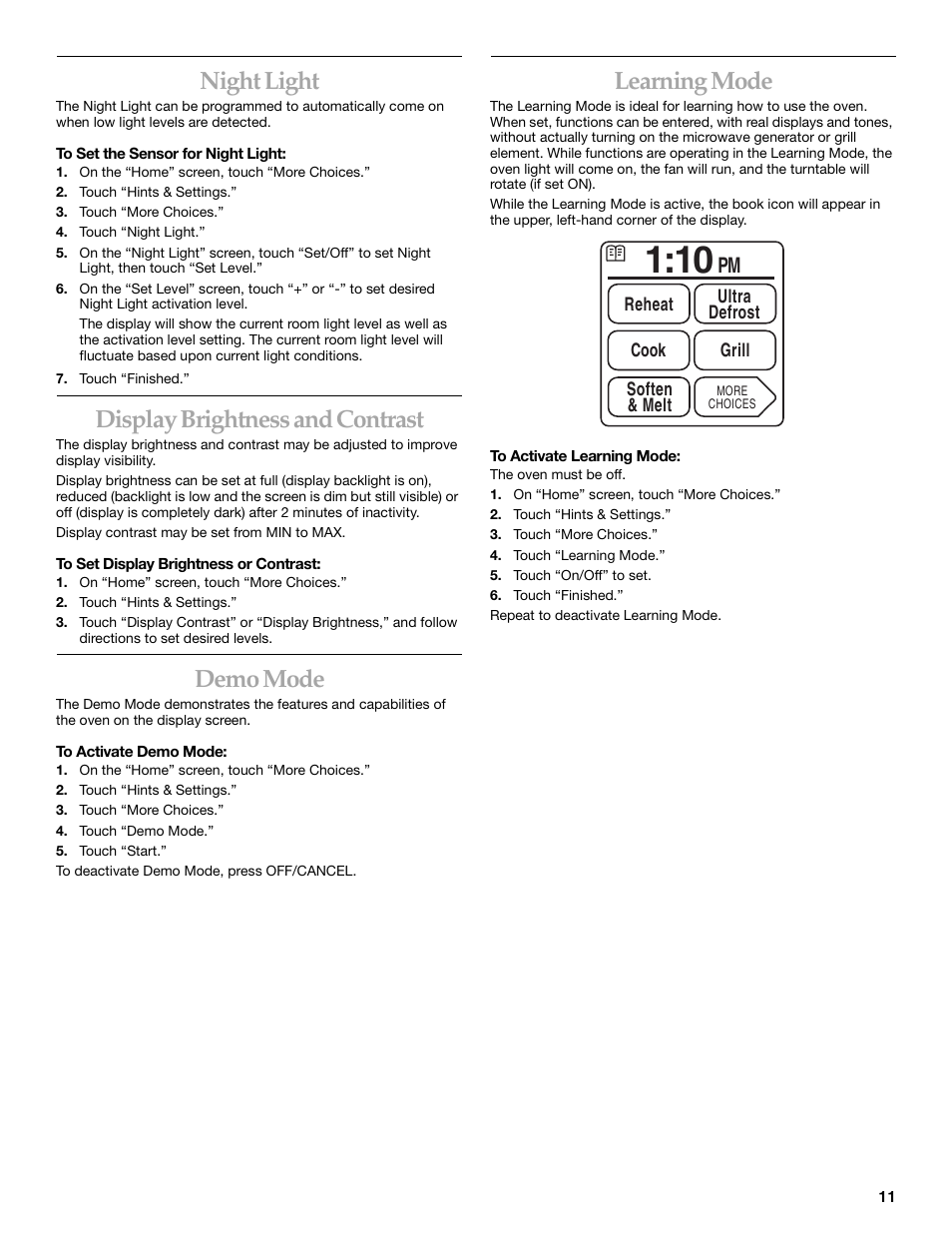 Night light, Display brightness and contrast, Demo mode | Learning mode | KITCHENAID COOK SPEED OVEN User Manual | Page 11 / 24