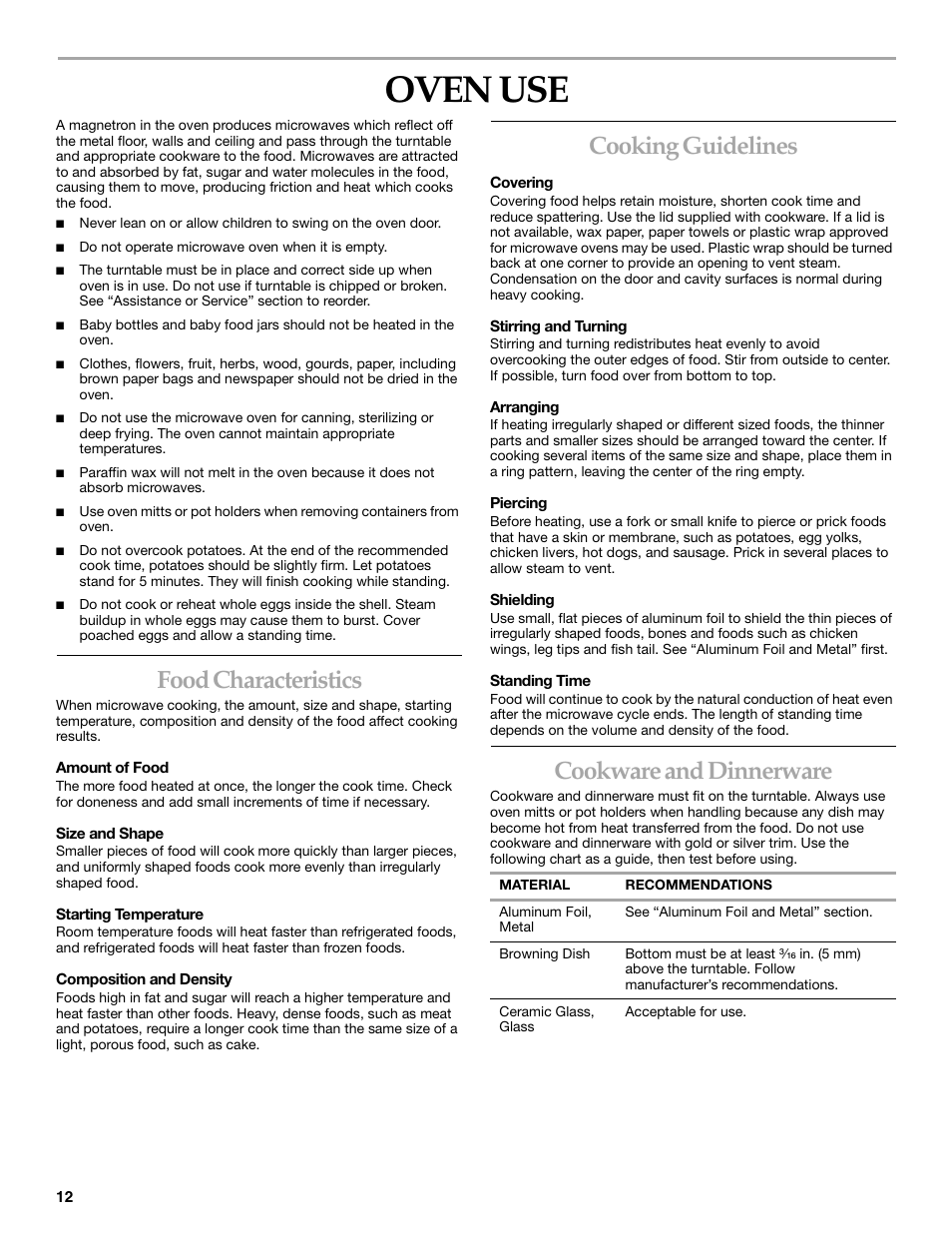Oven use, Food characteristics, Cooking guidelines | Cookware and dinnerware | KITCHENAID COOK SPEED OVEN User Manual | Page 12 / 24