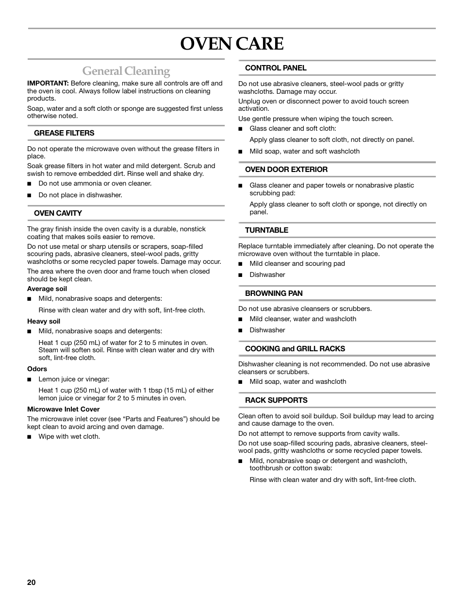 Oven care, General cleaning | KITCHENAID COOK SPEED OVEN User Manual | Page 20 / 24