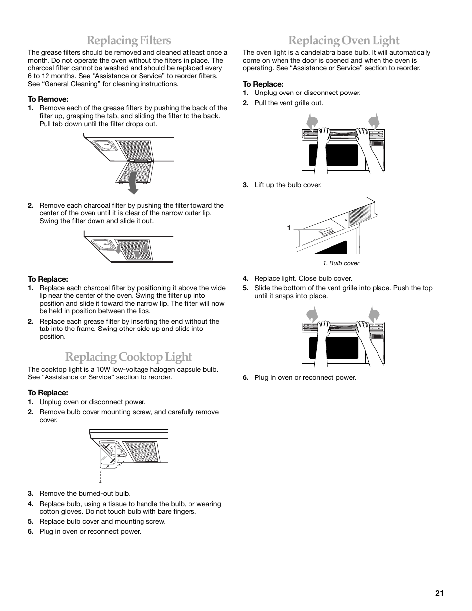 Replacing filters, Replacing cooktop light, Replacing oven light | KITCHENAID COOK SPEED OVEN User Manual | Page 21 / 24