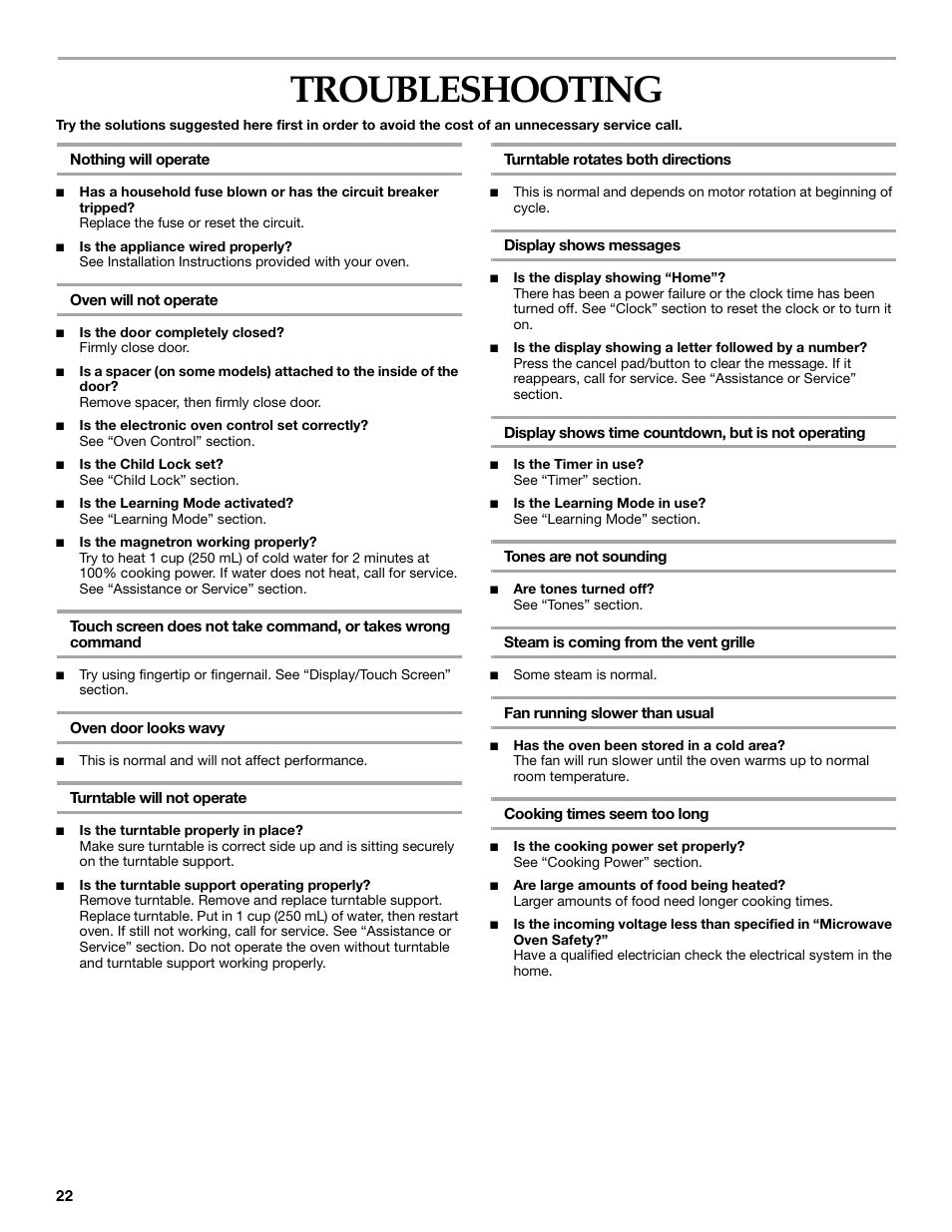 Troubleshooting | KITCHENAID COOK SPEED OVEN User Manual | Page 22 / 24