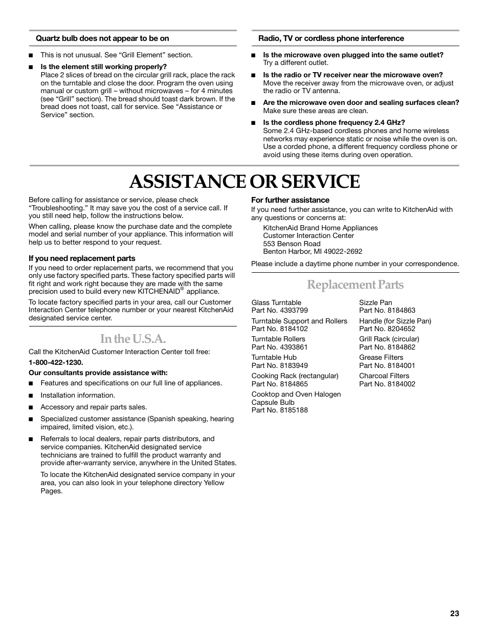 Assistance or service, Replacement parts | KITCHENAID COOK SPEED OVEN User Manual | Page 23 / 24