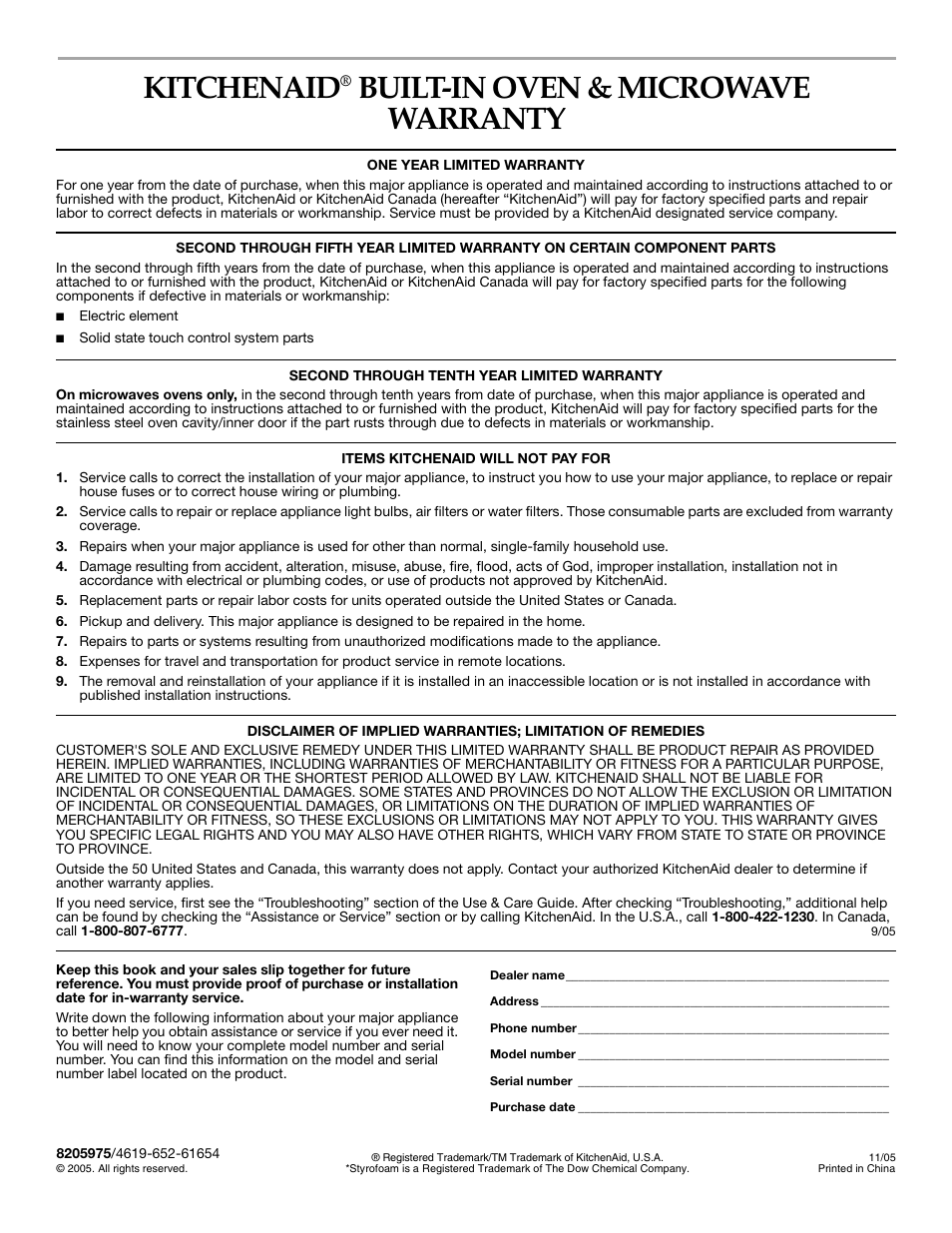 Kitchenaid, Built-in oven & microwave warranty | KITCHENAID COOK SPEED OVEN User Manual | Page 24 / 24