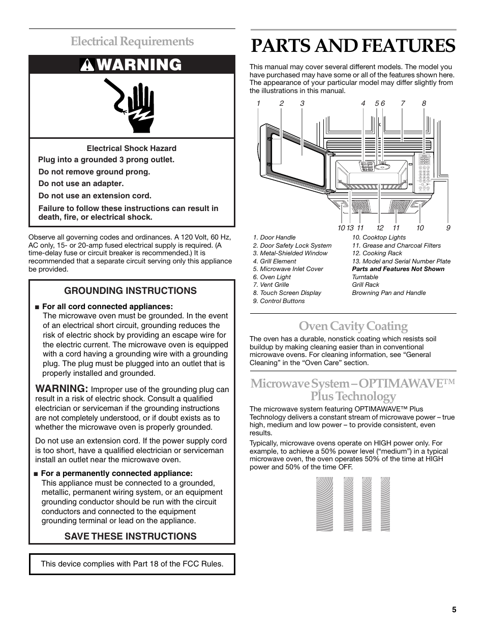 Parts and features, Warning, Electrical requirements | Oven cavity coating, Microwave system – optimawave™ plus technology, Grounding instructions, Save these instructions | KITCHENAID COOK SPEED OVEN User Manual | Page 5 / 24