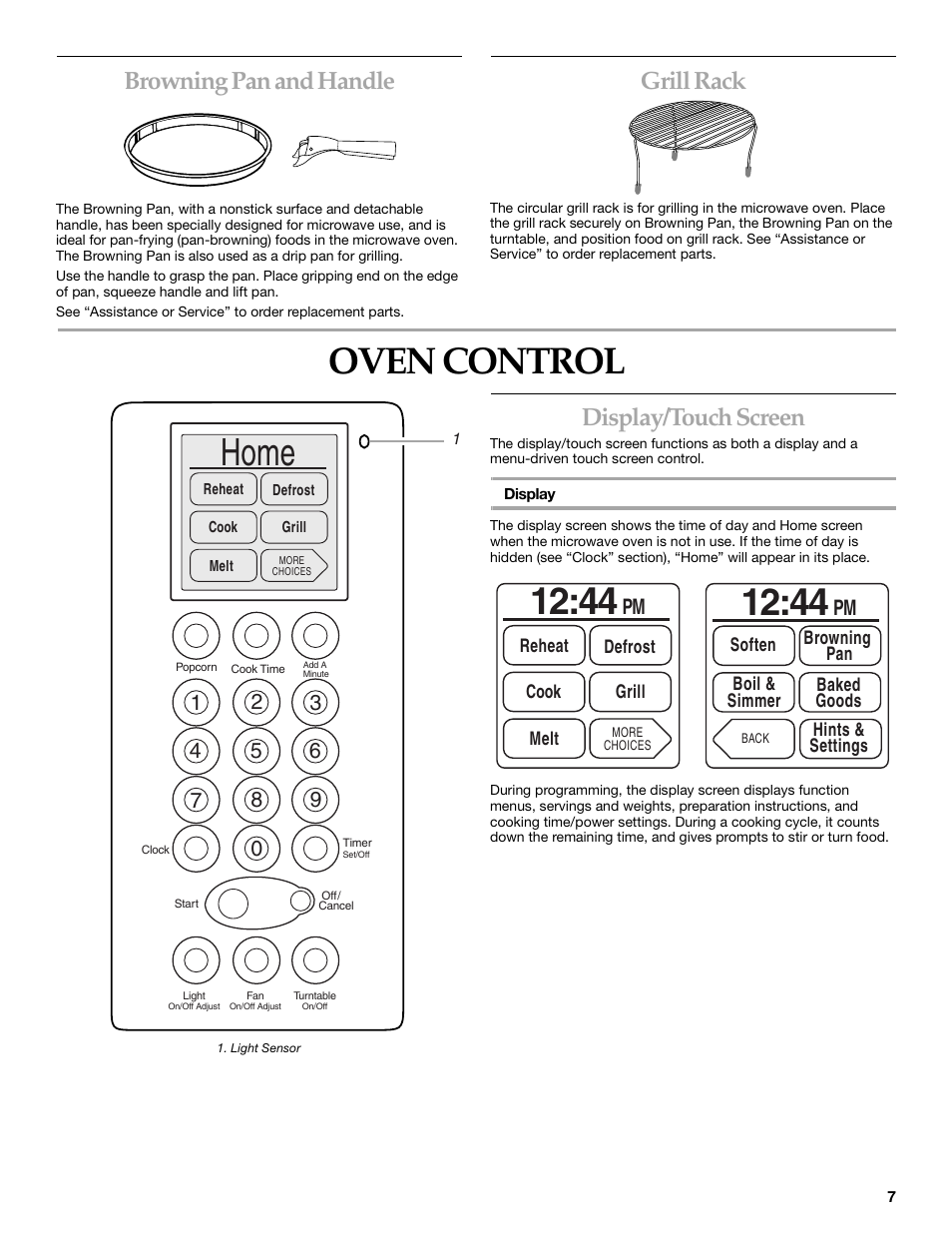 Oven control, Home, Browning pan and handle | Grill rack, Display/touch screen | KITCHENAID COOK SPEED OVEN User Manual | Page 7 / 24