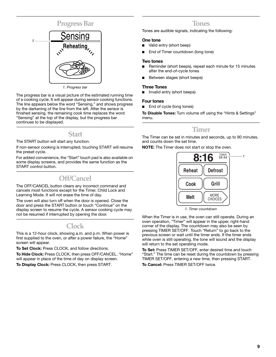 Sensin, Progress bar, Start | Off/cancel, Clock, Tones, Timer, Reheating | KITCHENAID COOK SPEED OVEN User Manual | Page 9 / 24