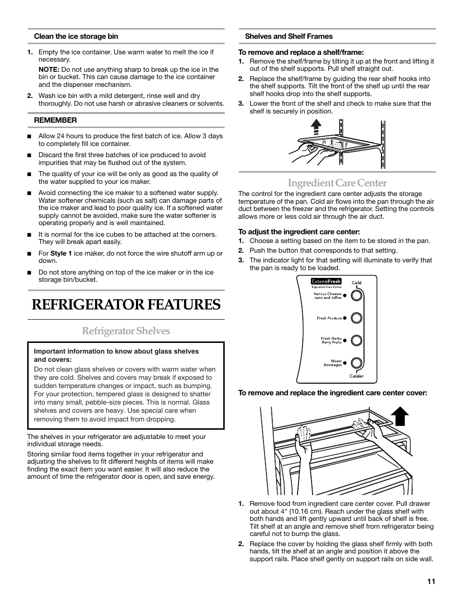 Refrigerator features, Refrigerator shelves, Ingredient care center | KITCHENAID SIDE BY SIDE BUILT-IN REFRIGERATOR User Manual | Page 11 / 60