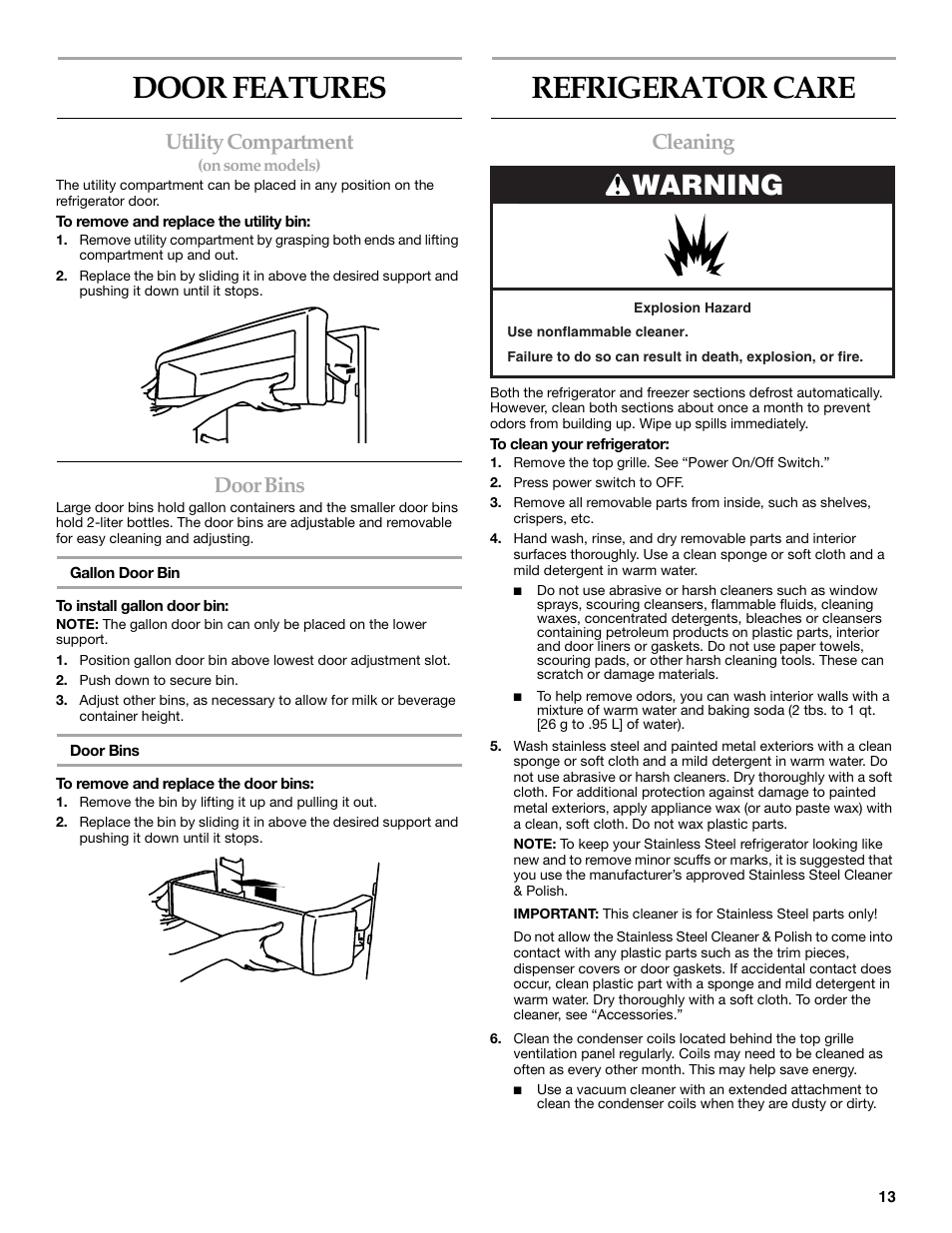 Door features, Refrigerator care, Warning | Utility compartment, Door bins, Cleaning | KITCHENAID SIDE BY SIDE BUILT-IN REFRIGERATOR User Manual | Page 13 / 60