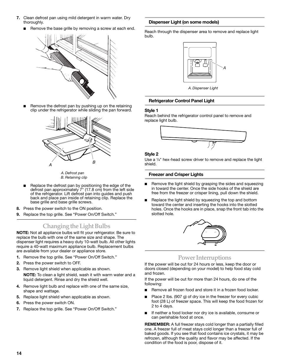 Changing the light bulbs, Power interruptions | KITCHENAID SIDE BY SIDE BUILT-IN REFRIGERATOR User Manual | Page 14 / 60