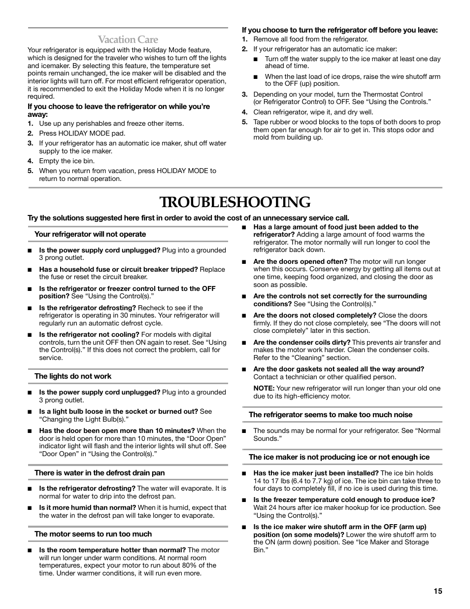 Troubleshooting, Vacation care | KITCHENAID SIDE BY SIDE BUILT-IN REFRIGERATOR User Manual | Page 15 / 60