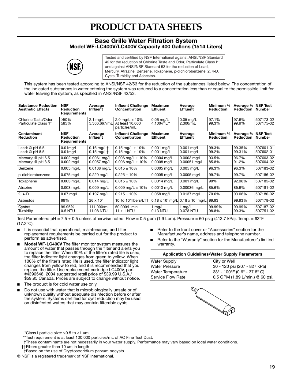 Product data sheets, Base grille water filtration system | KITCHENAID SIDE BY SIDE BUILT-IN REFRIGERATOR User Manual | Page 19 / 60