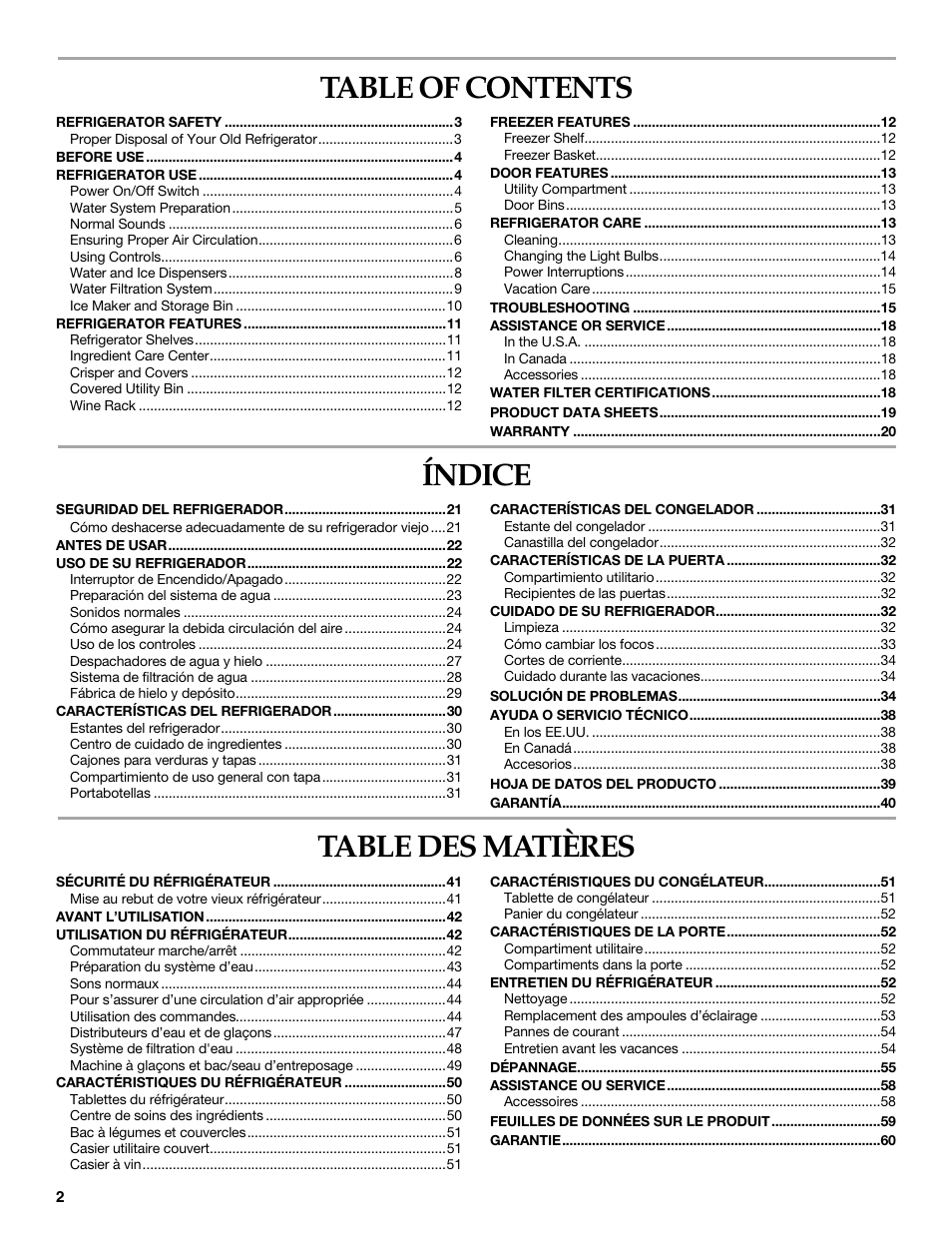 KITCHENAID SIDE BY SIDE BUILT-IN REFRIGERATOR User Manual | Page 2 / 60