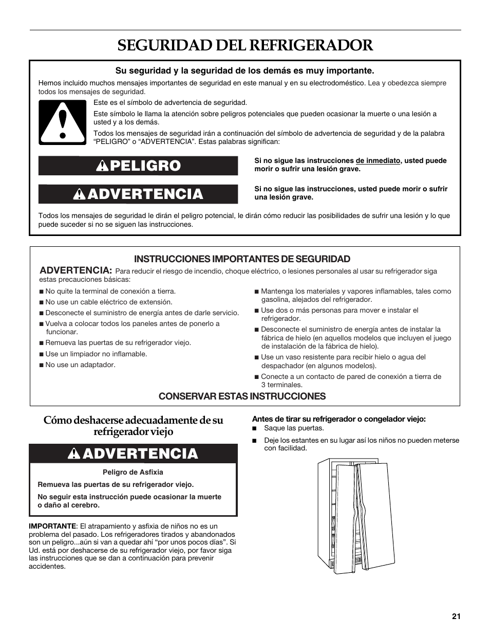 Seguridad del refrigerador, Advertencia peligro, Advertencia | KITCHENAID SIDE BY SIDE BUILT-IN REFRIGERATOR User Manual | Page 21 / 60