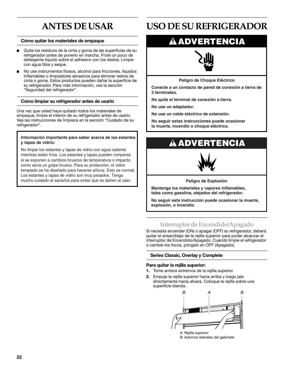 Antes de usar, Uso de su refrigerador, Advertencia | Interruptor de encendido/apagado | KITCHENAID SIDE BY SIDE BUILT-IN REFRIGERATOR User Manual | Page 22 / 60