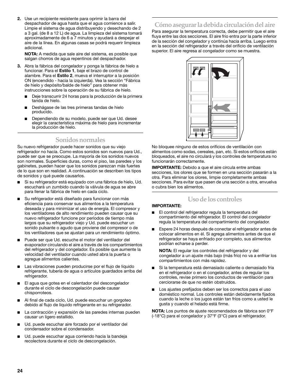 Sonidos normales, Cómo asegurar la debida circulación del aire, Uso de los controles | KITCHENAID SIDE BY SIDE BUILT-IN REFRIGERATOR User Manual | Page 24 / 60