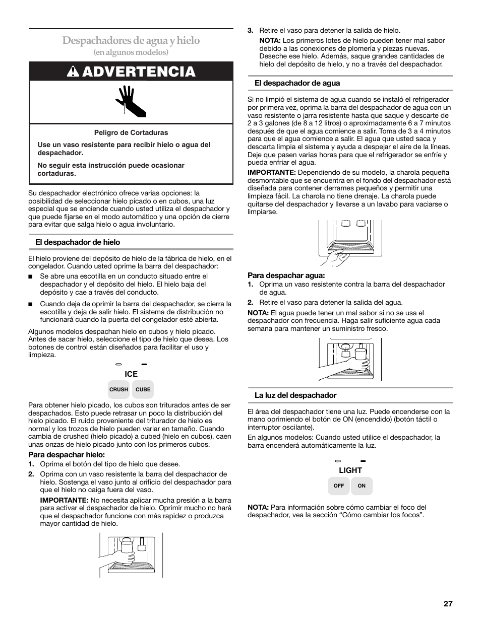 Advertencia, Despachadores de agua y hielo | KITCHENAID SIDE BY SIDE BUILT-IN REFRIGERATOR User Manual | Page 27 / 60