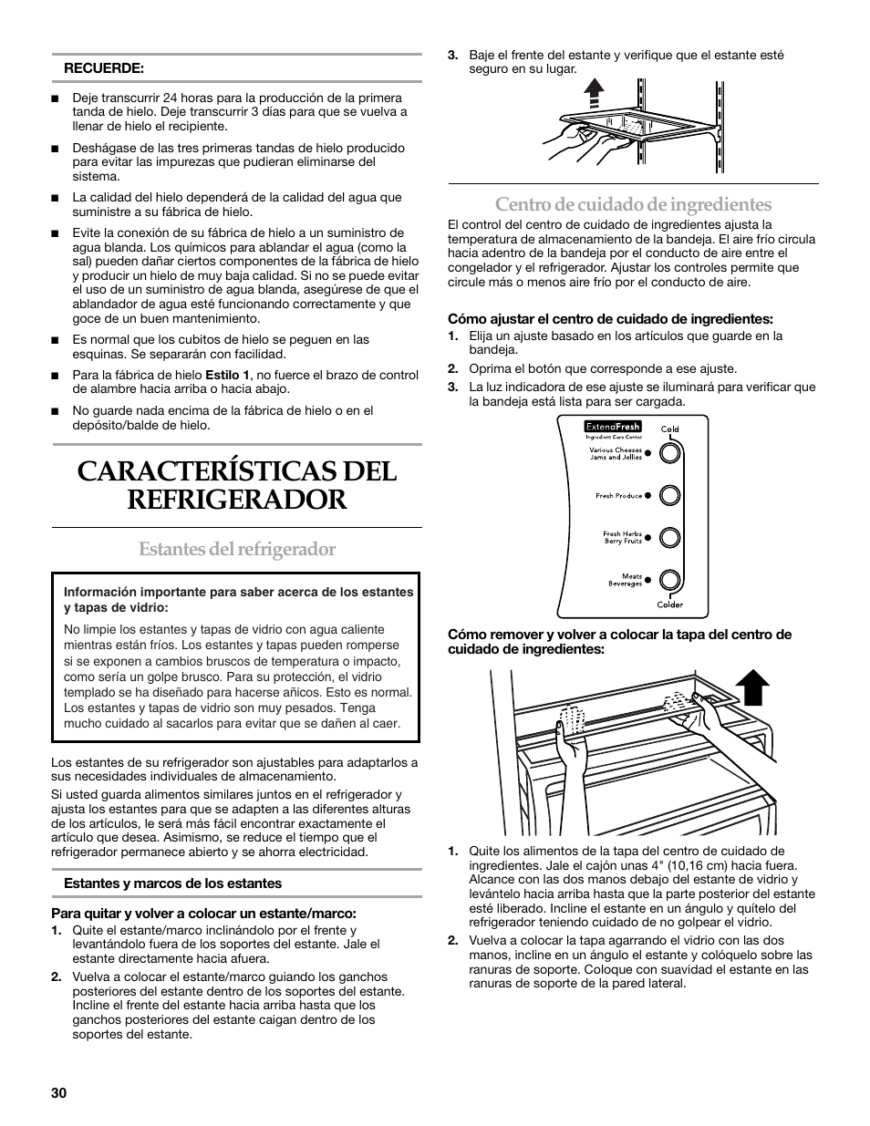 Características del refrigerador, Estantes del refrigerador, Centro de cuidado de ingredientes | KITCHENAID SIDE BY SIDE BUILT-IN REFRIGERATOR User Manual | Page 30 / 60