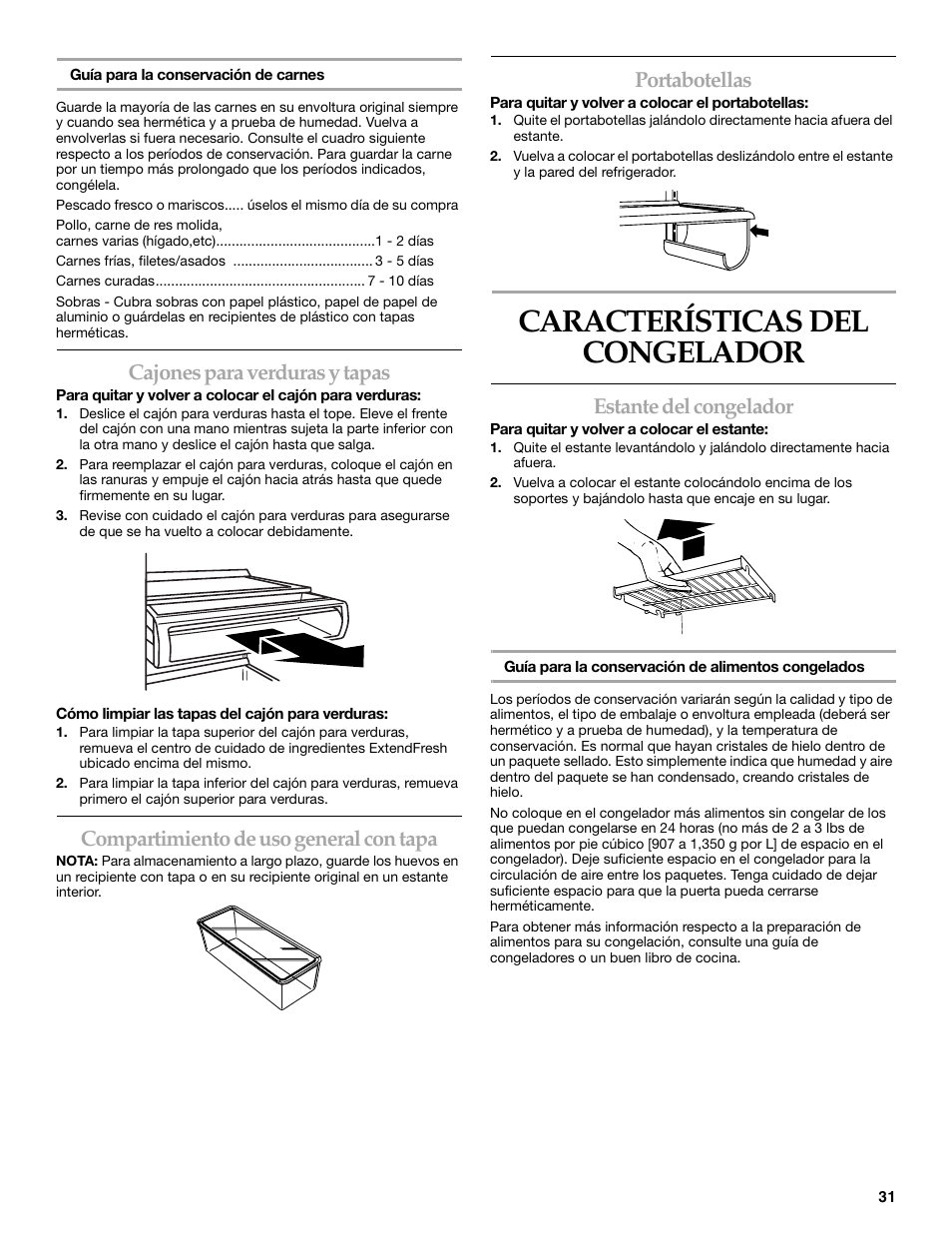 Características del congelador, Cajones para verduras y tapas, Compartimiento de uso general con tapa | Portabotellas, Estante del congelador | KITCHENAID SIDE BY SIDE BUILT-IN REFRIGERATOR User Manual | Page 31 / 60