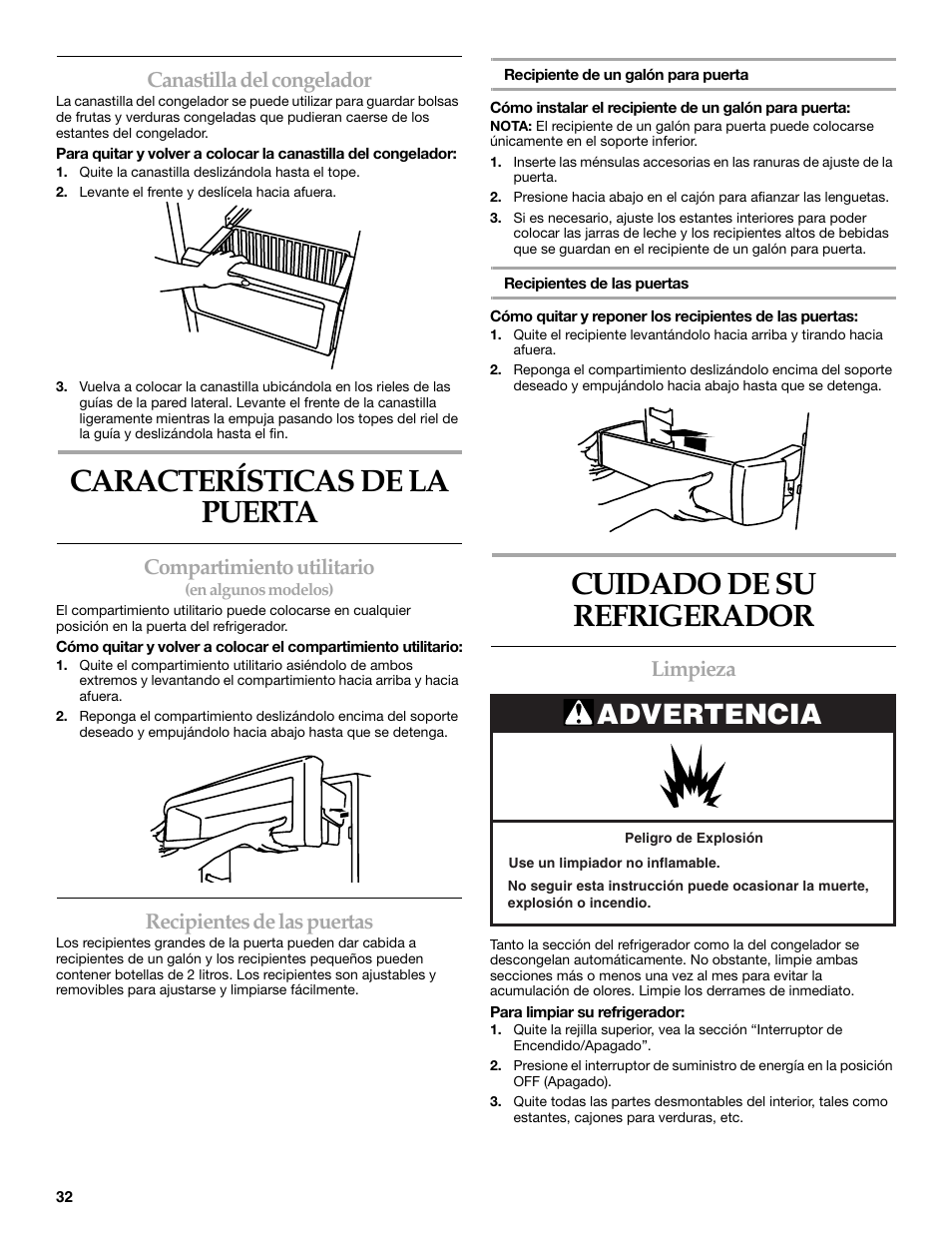 Características de la puerta, Cuidado de su refrigerador, Advertencia | Canastilla del congelador, Compartimiento utilitario, Recipientes de las puertas, Limpieza | KITCHENAID SIDE BY SIDE BUILT-IN REFRIGERATOR User Manual | Page 32 / 60