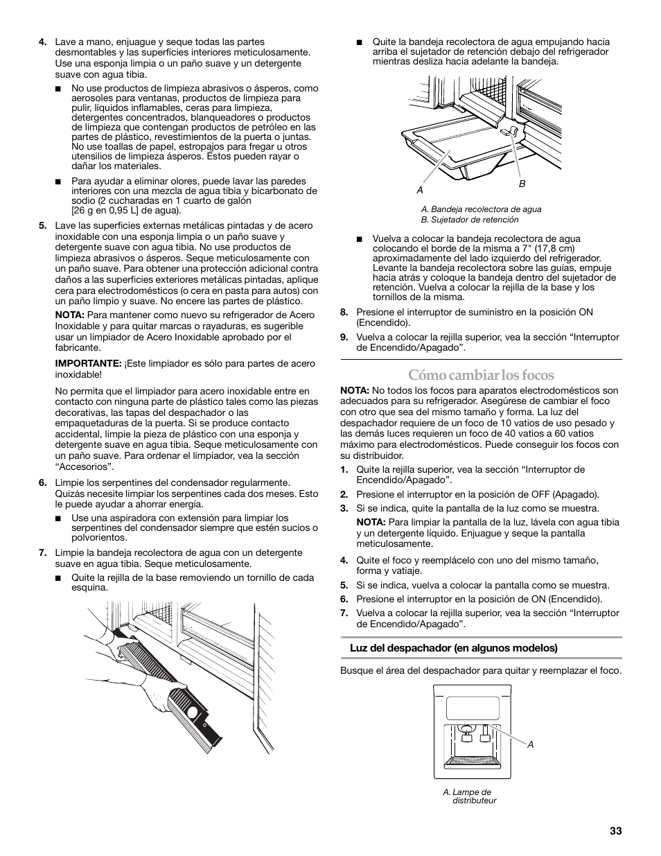 Cómo cambiar los focos | KITCHENAID SIDE BY SIDE BUILT-IN REFRIGERATOR User Manual | Page 33 / 60