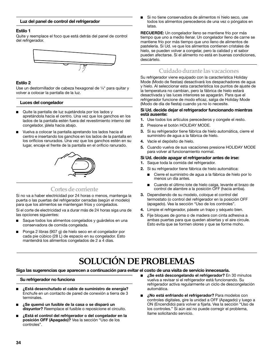 Solución de problemas, Cortes de corriente, Cuidado durante las vacaciones | KITCHENAID SIDE BY SIDE BUILT-IN REFRIGERATOR User Manual | Page 34 / 60