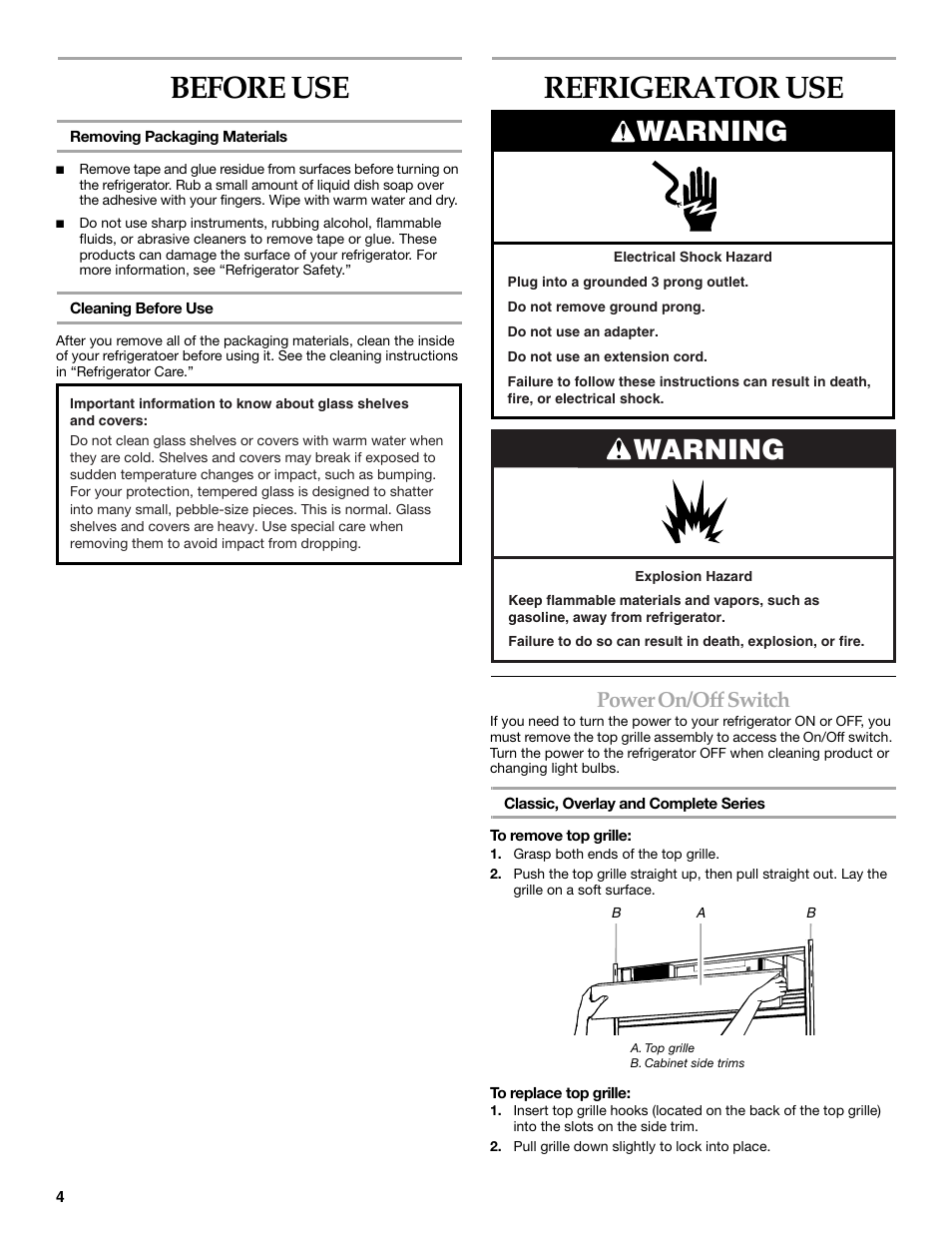 Before use, Refrigerator use, Warning | Power on/off switch | KITCHENAID SIDE BY SIDE BUILT-IN REFRIGERATOR User Manual | Page 4 / 60