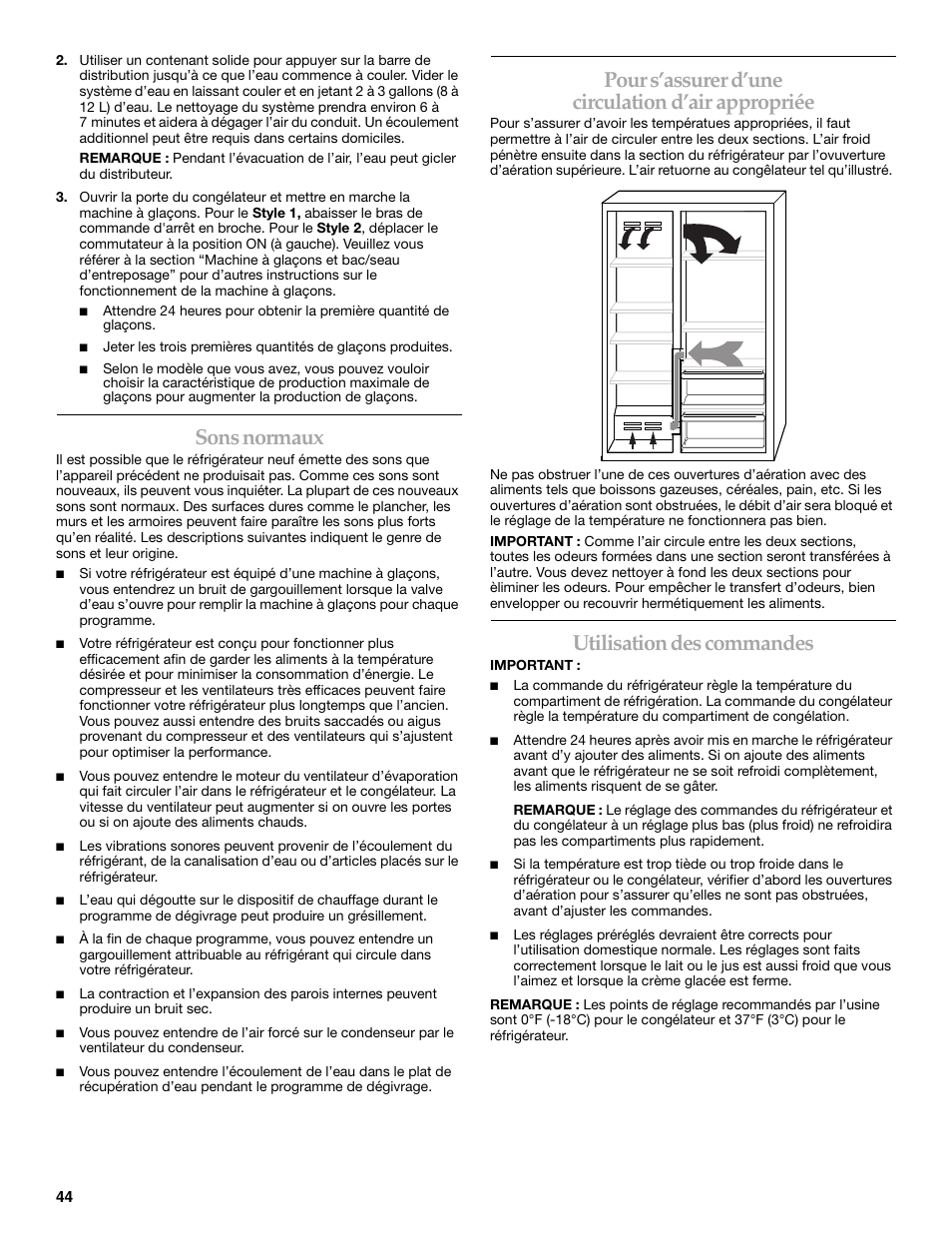Sons normaux, Pour s’assurer d’une circulation d’air appropriée, Utilisation des commandes | KITCHENAID SIDE BY SIDE BUILT-IN REFRIGERATOR User Manual | Page 44 / 60